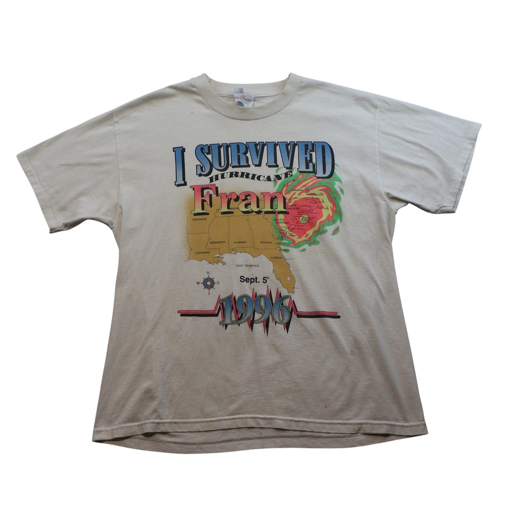 Hanes Mens L T-Shirt Cream I Survived Hurricane Fran 1996 Single Stitch Vintage